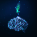 Futuristic growing mindset concept with glowing low polygonal green plant growing from human brain isolated on dark blue background. Modern wireframe design vector illustration