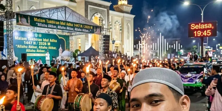 Malam takbiran Idul Adha 1447 H menghadirkan gema Allahu Akbar yang menyatukan hati umat Islam dalam keikhlasan, pengorbanan, rasa syukur, serta harapan agar hidup senantiasa dipenuhi keberkahan dan ketakwaan kepada Allah SWT. (foto: Nashrul Mu'minin/pasmu.id)