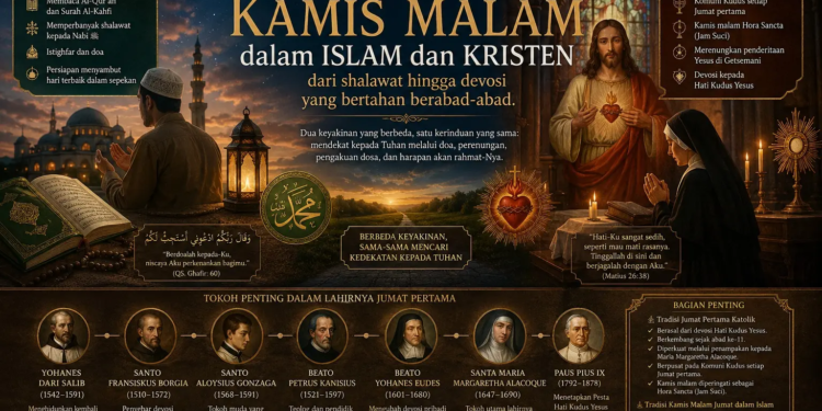 Kamis malam: umat Islam berdoa, umat Katolik berjaga. Satu rindu pada Tuhan, dua tradisi yang indah. (Ilustrasi:AI)