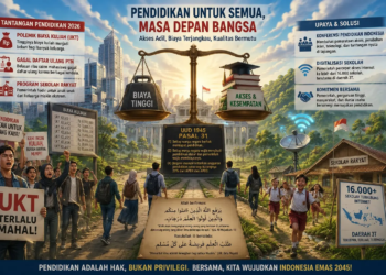 Pendidikan Indonesia di persimpangan: akses meluas, biaya membelenggu, kesenjangan masih nyata. (Ilustrasi: AI)