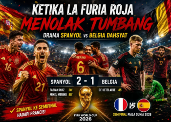 Spanyol lolos ke semifinal Piala Dunia 2026 setelah gol dramatis Mikel Merino di menit akhir. (Ilustrasi: AI)