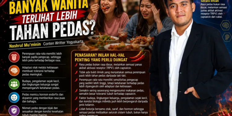 Perempuan lebih tahan pedas karena kebiasaan, bukan jenis kelamin. Lidah dan otak beradaptasi terhadap capsaicin. (Ilustrasi: AI)
