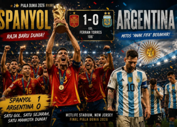 Spanyol raja baru Piala Dunia 2026, taklukkan Argentina 1-0 lewat gol Ferran Torres di perpanjangan waktu. (Ilustrasi: AI)