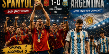 Spanyol raja baru Piala Dunia 2026, taklukkan Argentina 1-0 lewat gol Ferran Torres di perpanjangan waktu. (Ilustrasi: AI)