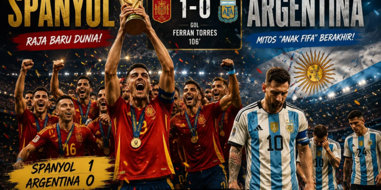 Spanyol raja baru Piala Dunia 2026, taklukkan Argentina 1-0 lewat gol Ferran Torres di perpanjangan waktu. (Ilustrasi: AI)