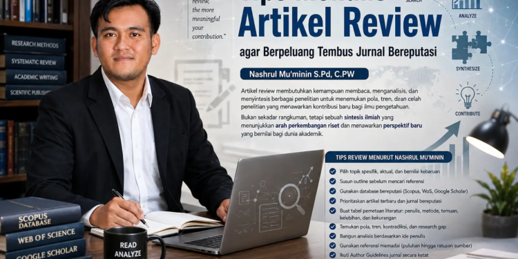 Artikel review adalah sintesis kritis, bukan sekadar rangkuman, yang menawarkan perspektif baru dari analisis literatur. (Ilustrasi: AI)